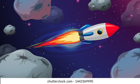 Rocket flying through astriods illustration
