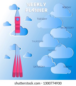 Rocket flying through the clouds. Weekly planner. Schedule. Baby organizer with days of the week and a place for text. Notes, frame.