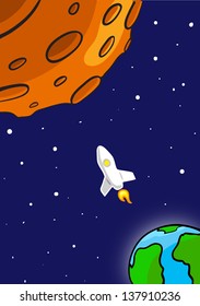 Rocket Flying Through Outer Space. From Earth To Red Planet