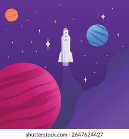 Foguete voando pelo espaço entre planetas e estrelas, adequado para capas de livros de ficção científica e desenhos gráficos espaçados.