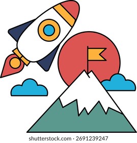 A rocket is flying through the sky above a mountain. The rocket is white and black, and it is the main focus of the image. The mountain is also white and black, and it is located in the background