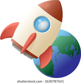 A rocket is flying through space against the backdrop of Earth, with the Moon reflected in its window. Cute, simple cartoon design, isolated vector with no background.