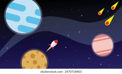 Rocket flying through space past planets and avoiding meteors