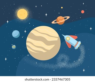 Rocket flying toward Jupiter vector illustration. European satellite in outer space among different stars and planets. Moons mission, space exploration, science concept