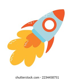 Rocket flying up. Rocket launch. Vector illustration. Childrens illustration in cartoon style. Flat style.