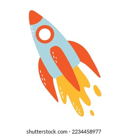Rocket flying up. Rocket launch. Vector illustration. Childrens illustration in cartoon style. Flat style.