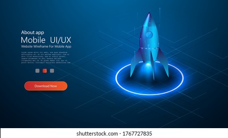 Rocket flying in up, start up concept, design banner template, isometric style. Business start up concept. Rocket taking off with fire over neon glowing circle on blue background. Vector illustration