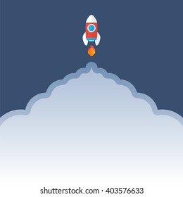 Rocket is flying up. Start Up concept symbol. Vector illustration. EPS 10.