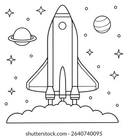 Rocket flying upward into a glowing starry sky with orbiting planets in illustration