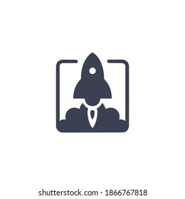 Rocket in Frame Minimalist Logo Design. Blue Rocket for Company Logo