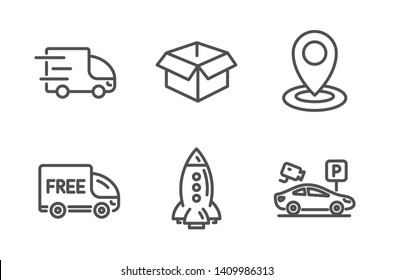 Rocket, Free delivery and Location icons simple set. Truck delivery, Opened box and Parking security signs. Spaceship, Shopping truck. Transportation set. Line rocket icon. Editable stroke. Vector