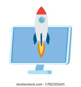 rocket in front of computer design, Start up plan idea strategy and marketing theme Vector illustration