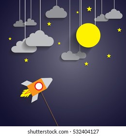 Rocket To The Full Moon With Dark Night Sky And Yellow Star. Paper Art Style. Start Up Concept. Business SME.