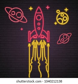 Rocket and Galaxy Planets Neon Light Glowing Vector Red and Yellow Light Colour with Dark Background
