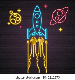 Rocket and Galaxy Planets Symbol Sign Neon Light Glowing Vector Red and Yellow Light Colour with Dark Background