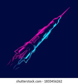 Rocket the galaxy spaceship  line pop art portrait logo colorful design with dark background. Abstract vector illustration.