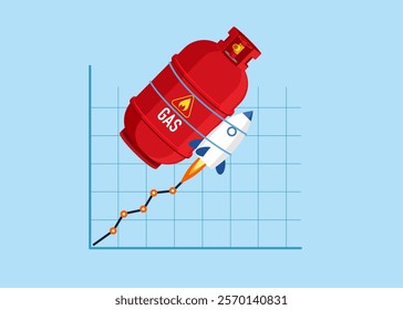 Rocket with gas cylinder flying high up into the sky. Price skyrocket reaching record. Modern flat style vector illustration