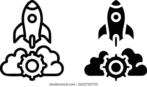 Rocket Gear Icon Set – Black and White Vector Startup Launch with Cloud and Engineering Symbol