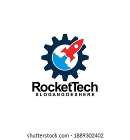 Plantilla de logotipo de cohete y engranaje, vector de diseño, emblema, concepto de diseño, tecnología creativa, icono