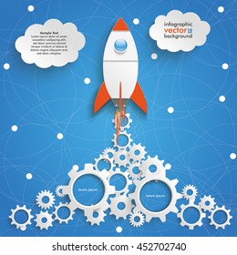 Rocket with gears with rocket on the blue background. Eps 10 vector file.
