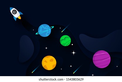 Rocket gliding in space on a dark background. Wint planets vector illustration.