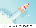 Rocket, globe, cloud, sky, paper art style with pastel color tones.vector illustration