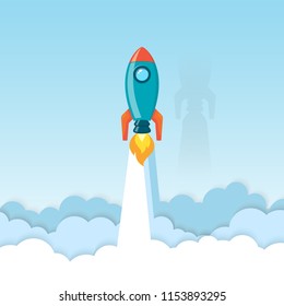 Rocket, globe, cloud and sky. paper art style with pastel color tones.vector illustration
