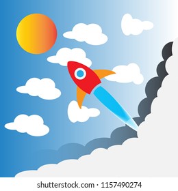 Rocket, globe, cloud, sky, paper art style with pastel color tones.vector illustration