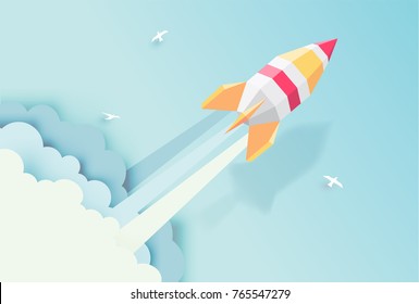 Rocket, globe, cloud, sky, paper art style with pastel color tones.vector illustration