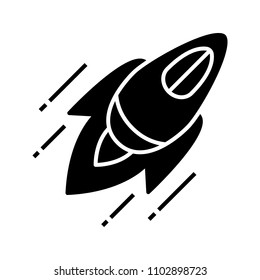 Rocket glyph icon. Startup launch. Flying spaceship. Silhouette symbol. Negative space. Vector isolated illustration