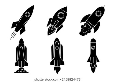 Rocket glyph set. Spaceship with flame isolated illustration. Startup symbol
