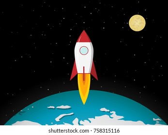 Rocket go to the moon from earth, vector design