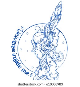 The rocket go up on the background of the globe. Contour illustration on the theme of space exploration. Motivotsionny poster. A sketch of a tattoo.