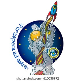 The rocket go up on the background of the globe. Color illustration on the theme of space exploration. Motivotsionny poster.
