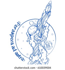 The rocket go up on the background of the globe. Contour illustration on the theme of space exploration. Motivotsionny poster.