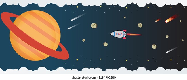 Rocket go to the Saturn. Set of vector flat doodle cartoon icons planets of solar system. Children's education.