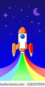 Rocket goes up in the sky with rainbow flames, vector, illustration