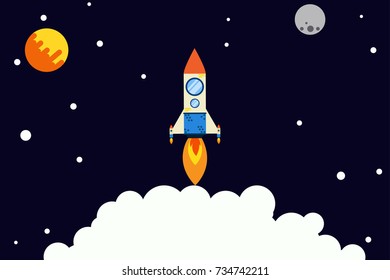 Rocket goes up in the sky with stars. . Planets and night sky with rocket goes up representing rise of business.Flat style illustration. Project start up concept or project launch