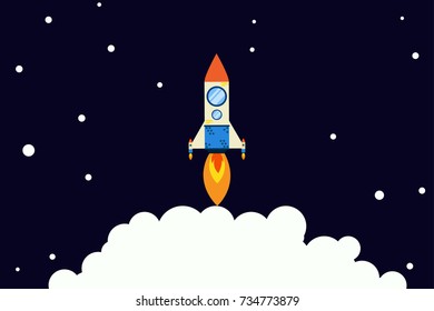 Rocket goes up in the sky with stars. . Planets and night sky with rocket goes up representing rise of business.Flat style illustration. Project start up concept or project launch