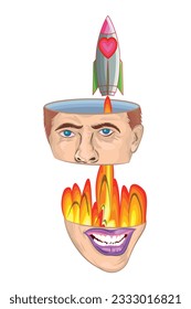 The rocket goes through the split head,The rocket illustration design that goes through the head, is perfect for your t-shirt design, for stickers and can be applied to various media. 