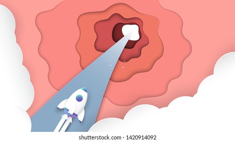 Rocket is going fast to exit. Art craft design in paper cut style. Decoration object on pantone background for kid cover book, startup business magazine and advertisement.