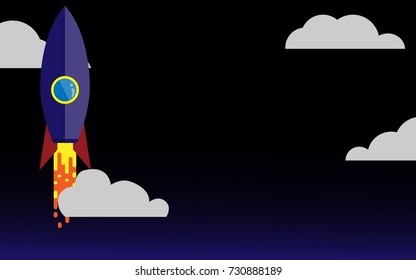 The Rocket is going up into the sky in the night time  through the clouds- business start up concept