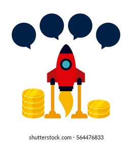 rocket and gold coins over white background. startup concept. colorful design. vector illustration