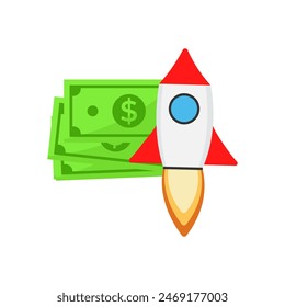 Rocket and green paper money vector illustration in flat style isolated on white background