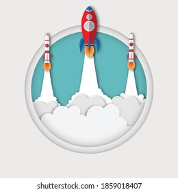 Grupo de cohetes fuera de la caja. Lanzamiento del transbordador espacial al cielo expulsado del círculo. Concepto de negocio de inicio. Creativo. Arte de papel de ilustración de vector 