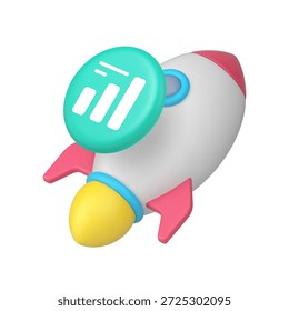 Ícone do gráfico de foguete e crescimento para sites de inicialização e aplicativos de negócios. Representa lançamento, sucesso, inovação, progresso e realização. Ilustração de vetor realista ícone 3d moderno.