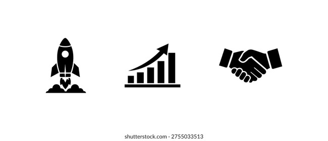 Rocket growth and handshake icons representing business success and partnership.