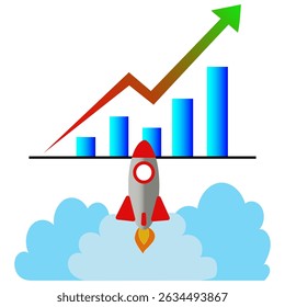 Rocket growth illustration. Blue chart bars. Red spacecraft symbol. Vector concept.