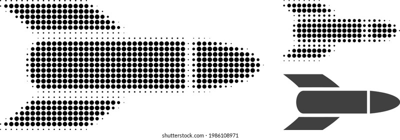 Rocket halftone dotted icon. Halftone array contains round points. Vector illustration of rocket icon on a white background.