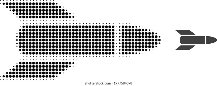 Rocket halftone dotted icon illustration. Halftone array contains round elements. Vector illustration of rocket icon on a white background. Flat abstraction for rocket pictogram.